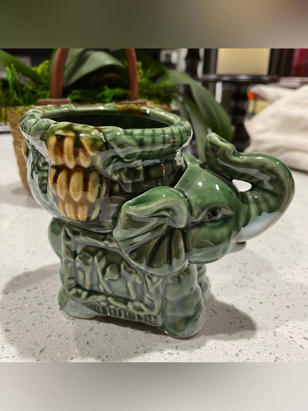 Vtg Majolica Green Elephant Planter – Mid-Century Whimsical Decor Trunk Up Lucky